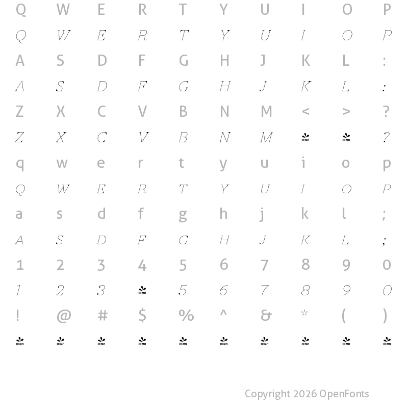 Character Map of FONTSPRING DEMO - Revista Thin Italic