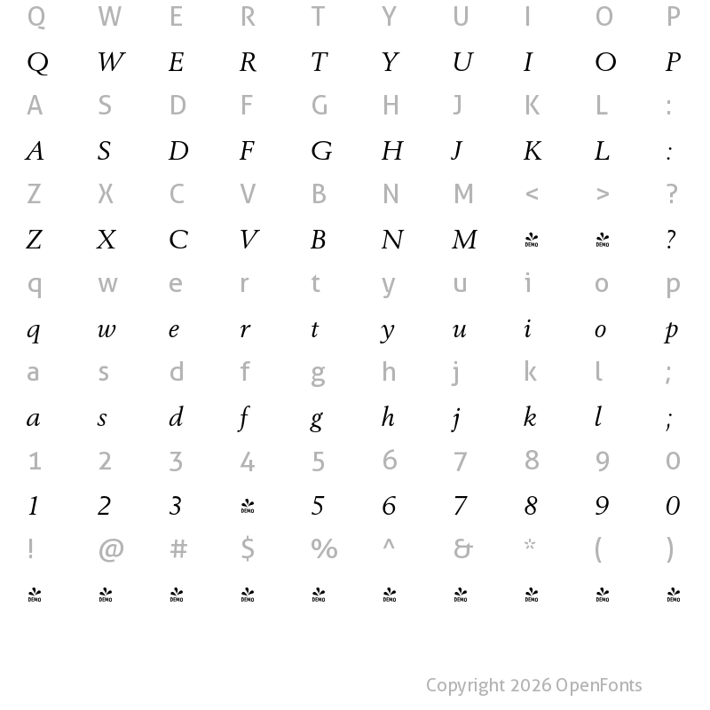 Character Map of FONTSPRING DEMO - Revival565 BT Italic