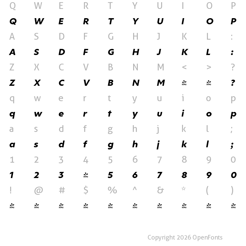 Character Map of FONTSPRING DEMO - Ricardo ALT XBoldIt Regular