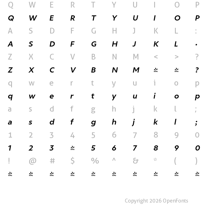 Character Map of FONTSPRING DEMO - Ricardo Bold Italic