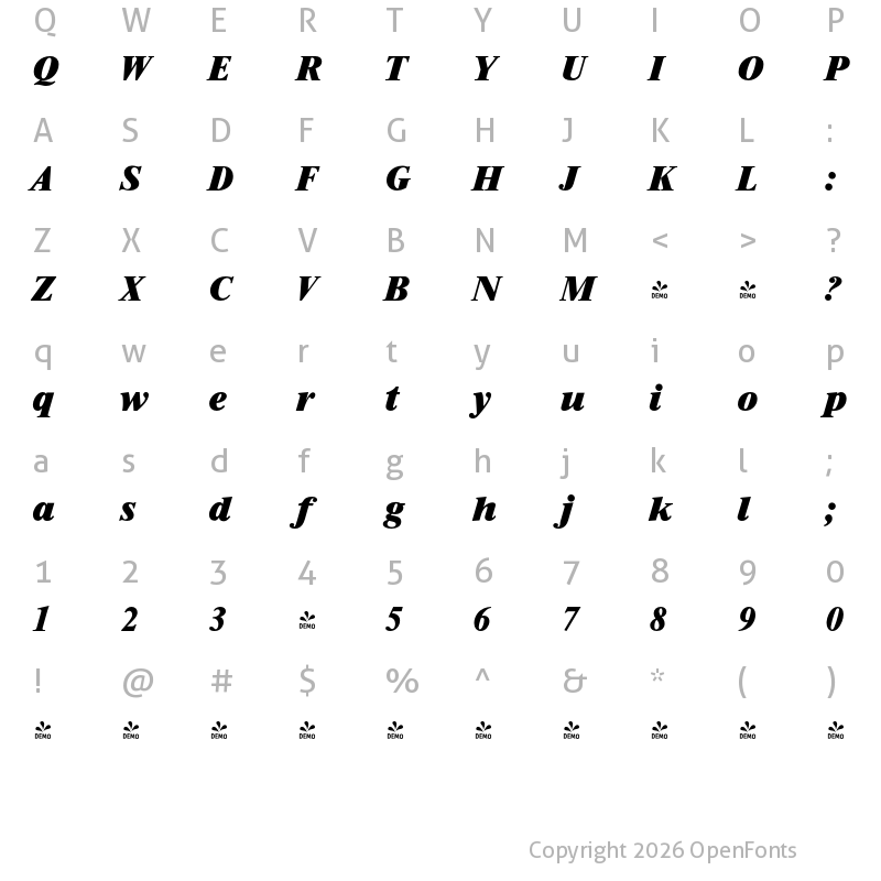 Character Map of FONTSPRING DEMO - Riccione Serial Heavy Italic