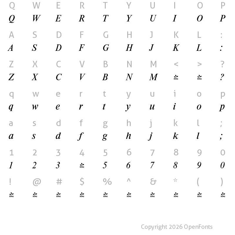 Character Map of FONTSPRING DEMO - Riccione Serial Italic