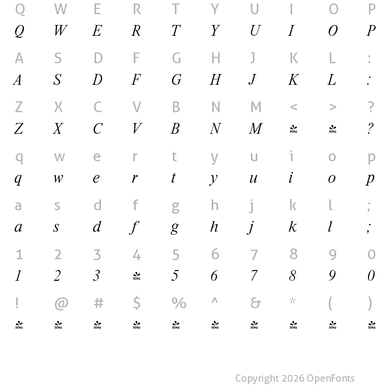 Character Map of FONTSPRING DEMO - Riccione Serial Xlight Italic