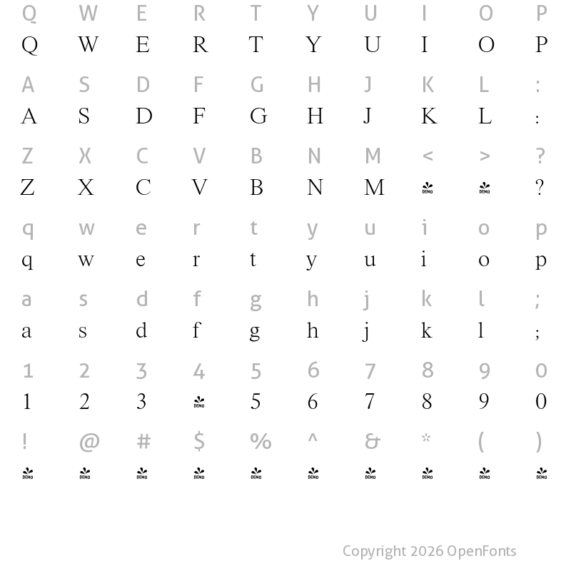 Character Map of FONTSPRING DEMO - Riccione Serial Xlight Regular