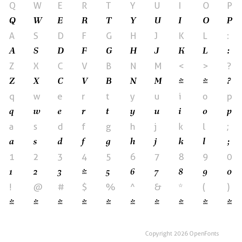 Character Map of FONTSPRING DEMO - Richler Pro Bold Italic