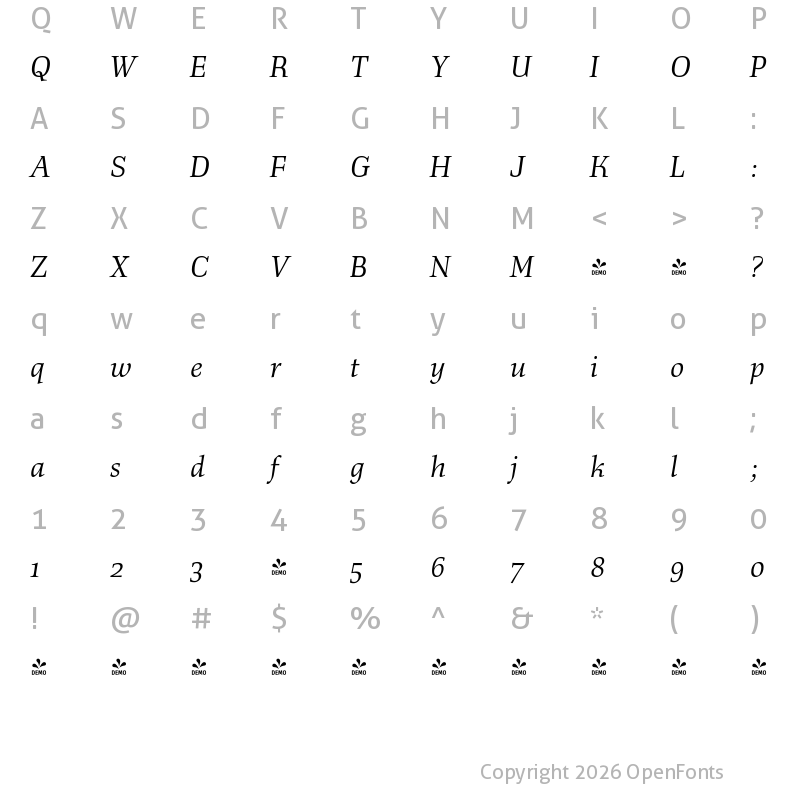 Character Map of FONTSPRING DEMO - Richler Pro Italic