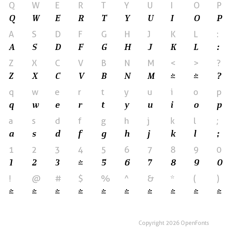 Character Map of FONTSPRING DEMO - Rikna Semi Bold Italic Regular