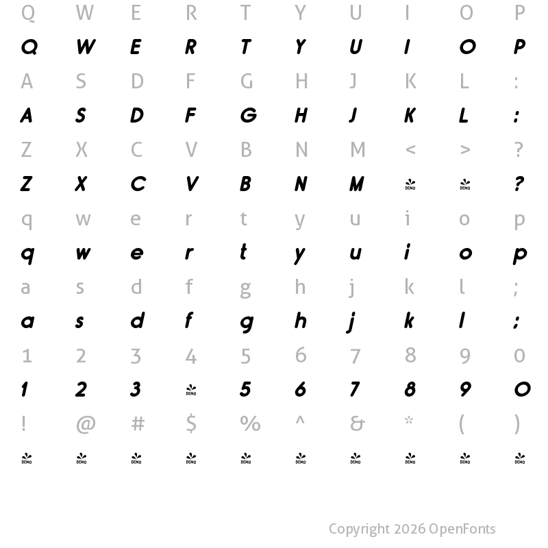 Character Map of FONTSPRING DEMO - Rimouski Rg Bold Italic