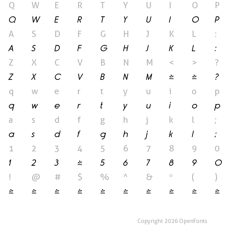 Character Map of FONTSPRING DEMO - Rimouski Rg Italic