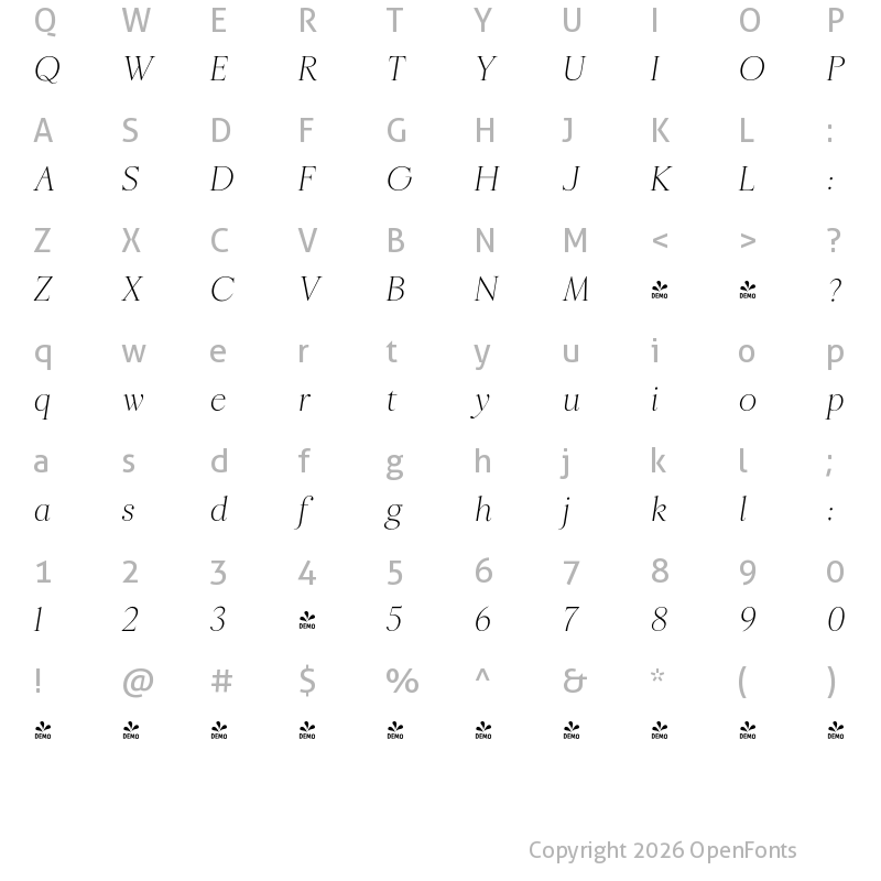 Character Map of FONTSPRING DEMO - Ringle ExtLt Italic