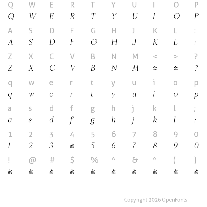 Character Map of FONTSPRING DEMO - Ringle Light Italic