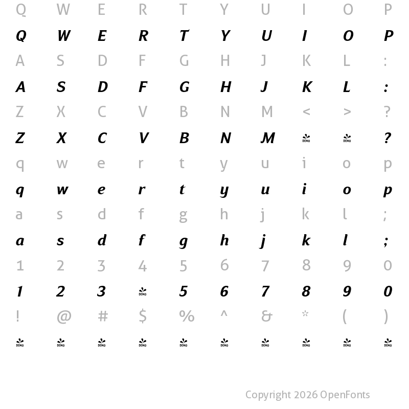 Character Map of FONTSPRING DEMO - Ripe Apricot Bold Italic