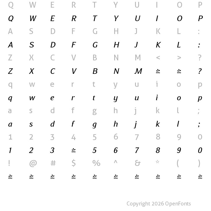 Character Map of FONTSPRING DEMO - Ripe Apricot Italic