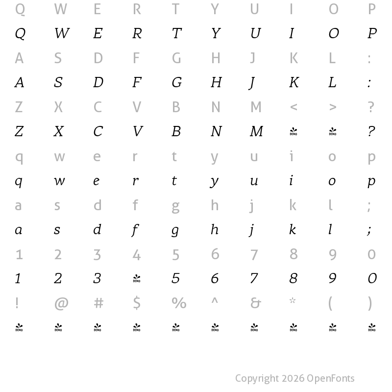 Character Map of FONTSPRING DEMO - Rival Light Italic