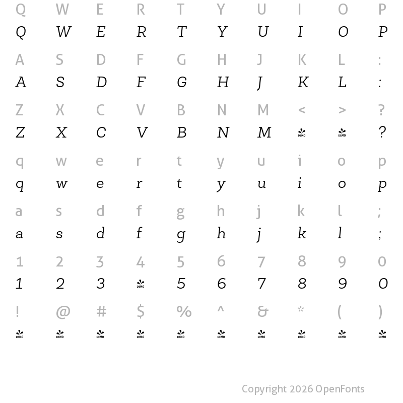 Character Map of FONTSPRING DEMO - Roble Light Light Italic