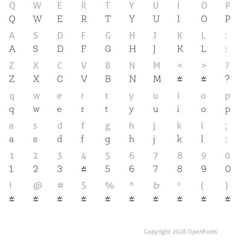 Character Map of FONTSPRING DEMO - Roble Thin Thin