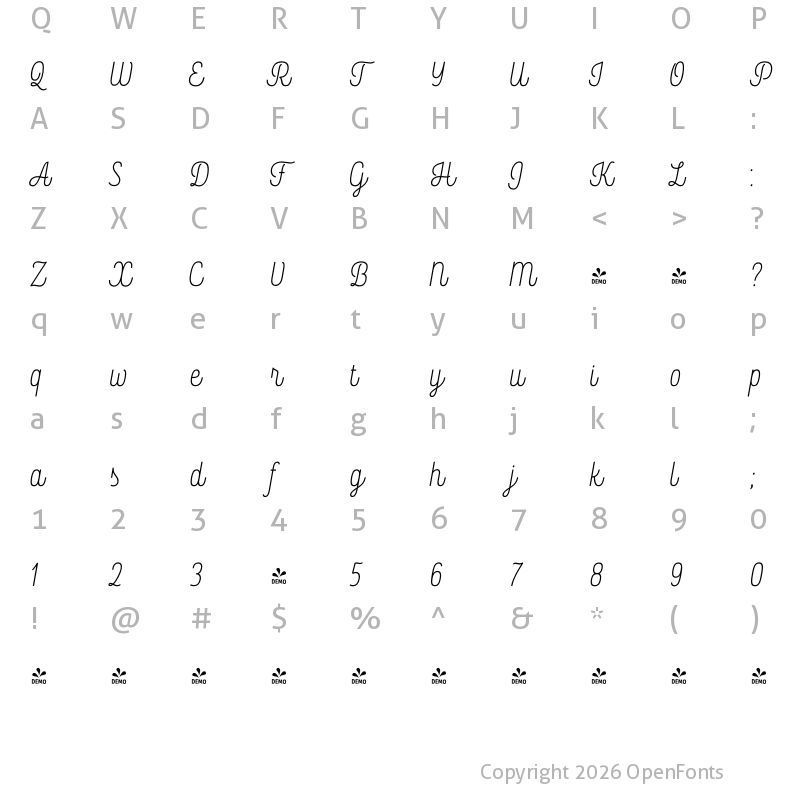 Character Map of FONTSPRING DEMO - Rockeby ScOne Regular