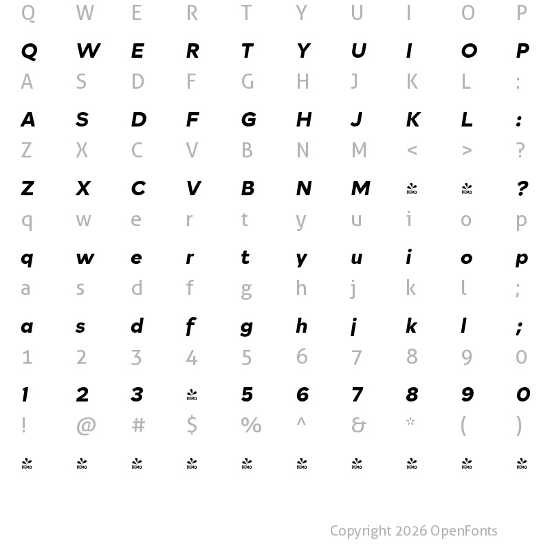 Character Map of FONTSPRING DEMO - Rockford Sans Bold Italic Regular