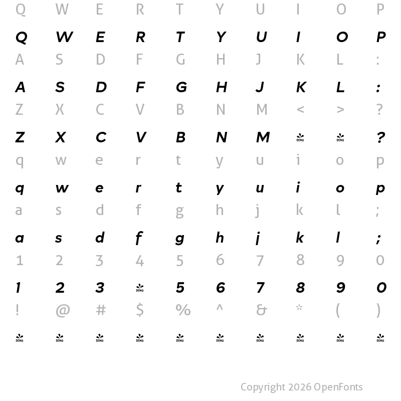 Character Map of FONTSPRING DEMO - Rockford Sans Medium Italic Regular