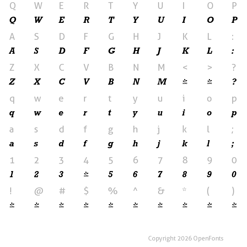 Character Map of FONTSPRING DEMO - Rockingham Bold Italic
