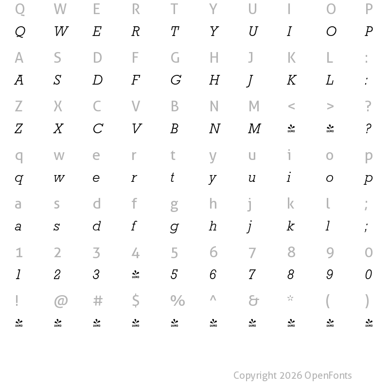 Character Map of FONTSPRING DEMO - Rockingham Lt Italic