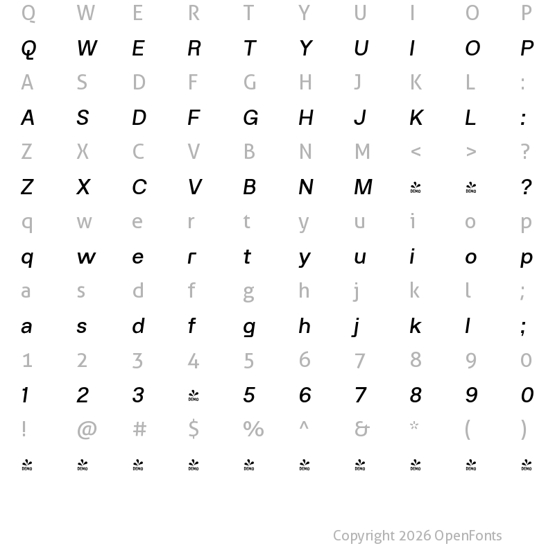 Character Map of FONTSPRING DEMO - Rodley Semibold Italic