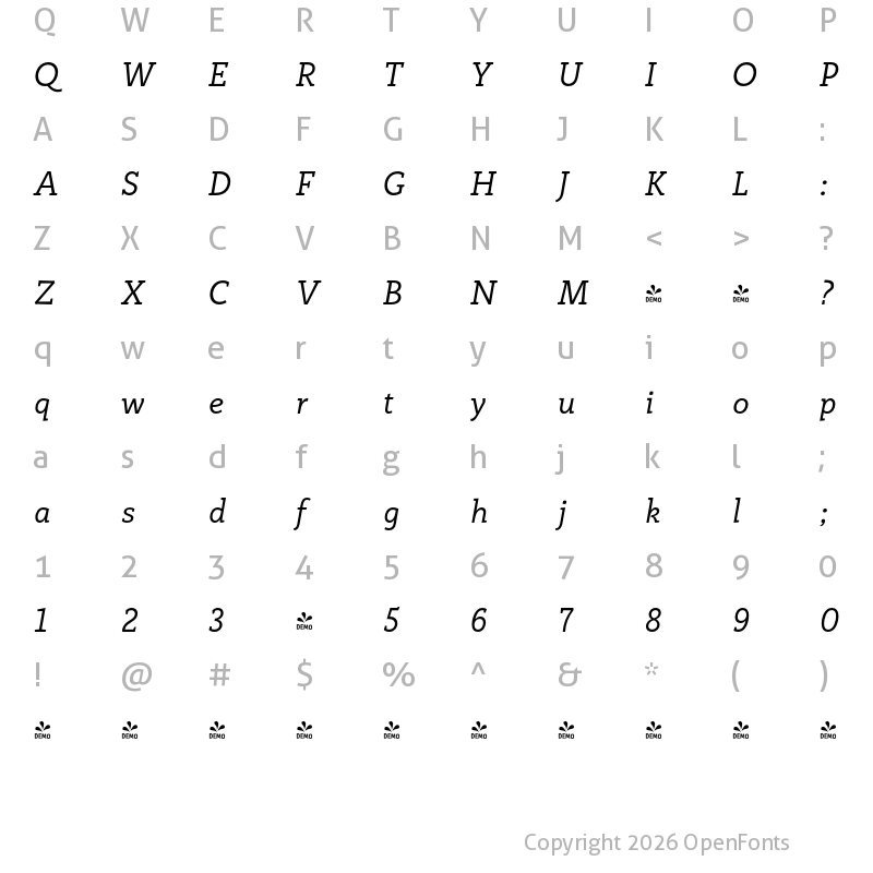 Character Map of FONTSPRING DEMO - Rogliano Italic