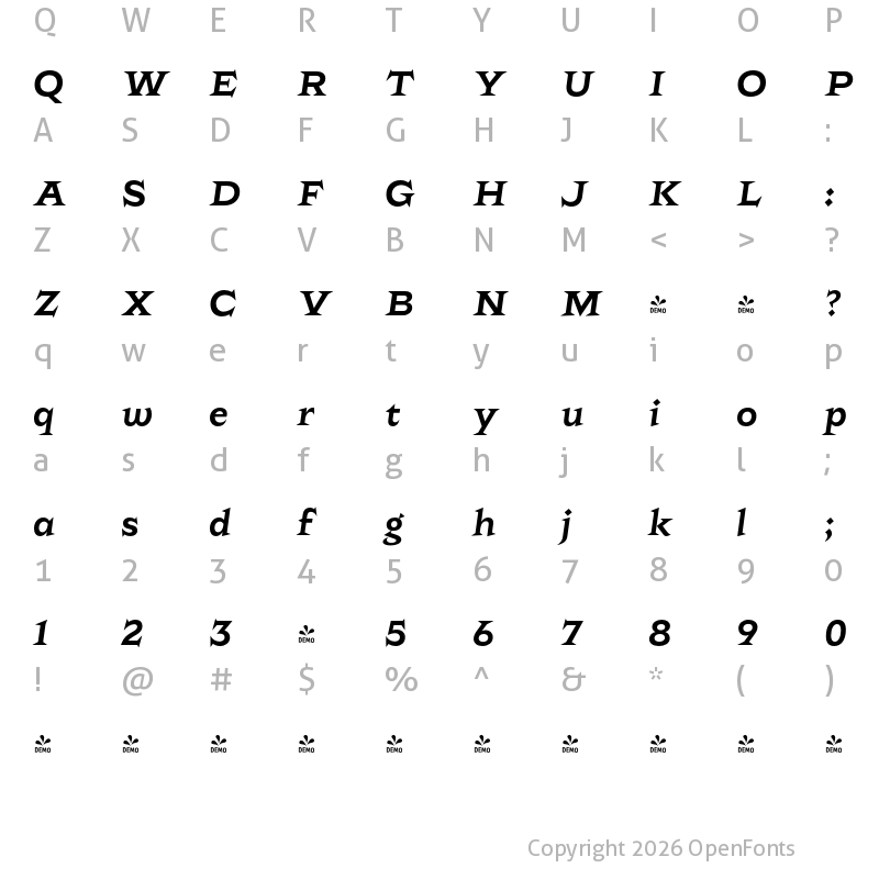 Character Map of FONTSPRING DEMO - Rokha Bold Italic