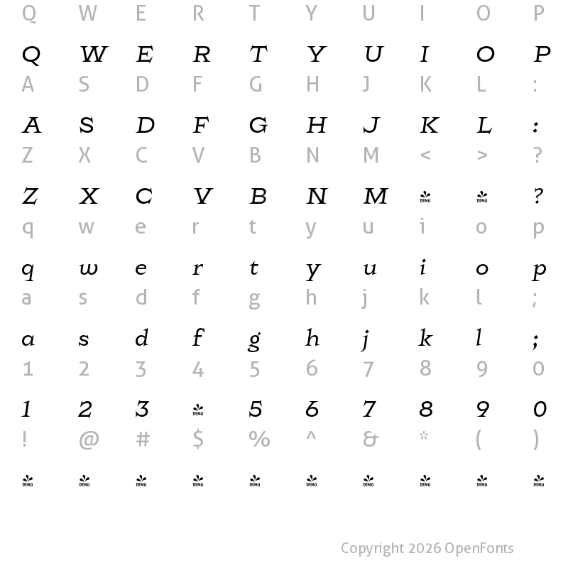 Character Map of FONTSPRING DEMO - Rokha Book Italic