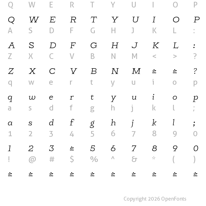 Character Map of FONTSPRING DEMO - Rokha Light Italic