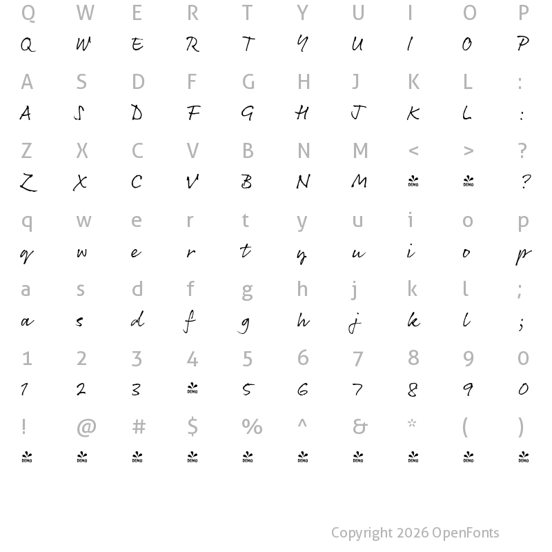 Character Map of FONTSPRING DEMO - Rollerscript Rough Regular