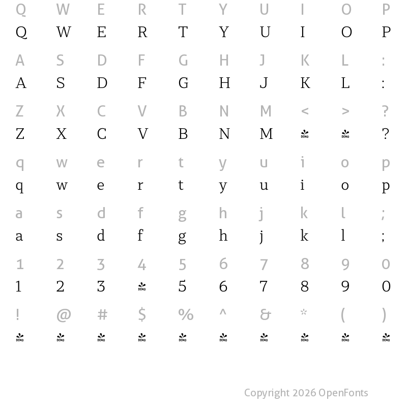 Character Map of FONTSPRING DEMO - Rolleston Text Light Regular