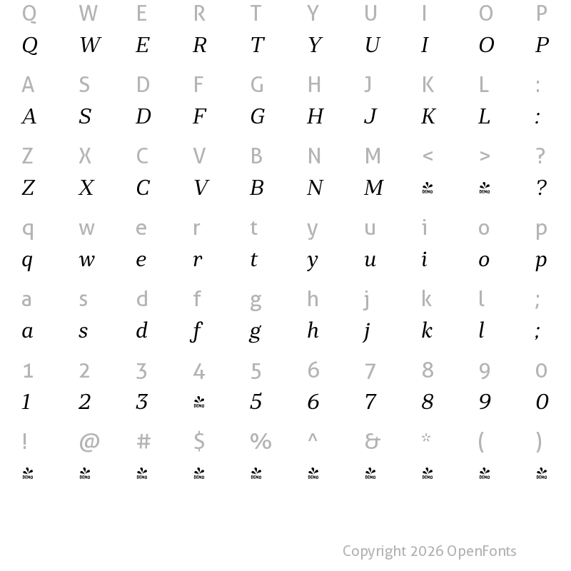 Character Map of FONTSPRING DEMO - Rolleston Title Italic
