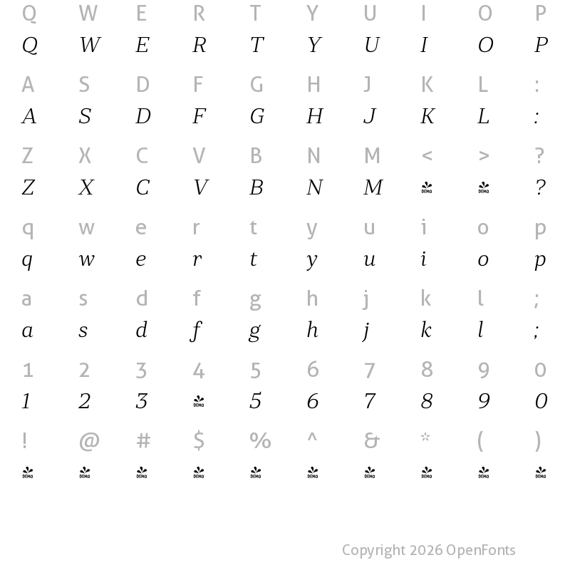 Character Map of FONTSPRING DEMO - Rolleston Title Light Italic