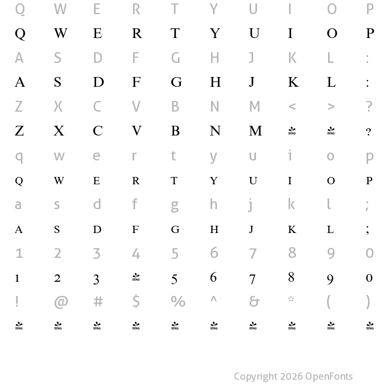 Character Map of FONTSPRING DEMO - Roman Pro Caps Regular