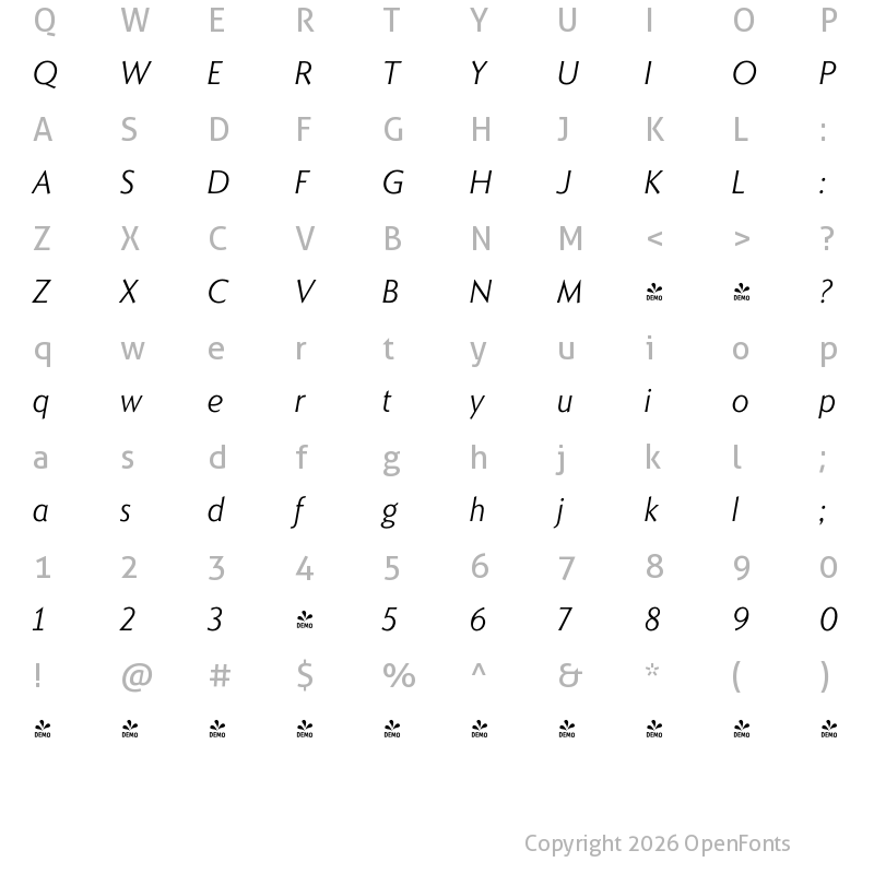 Character Map of FONTSPRING DEMO - Romanica Light Italic