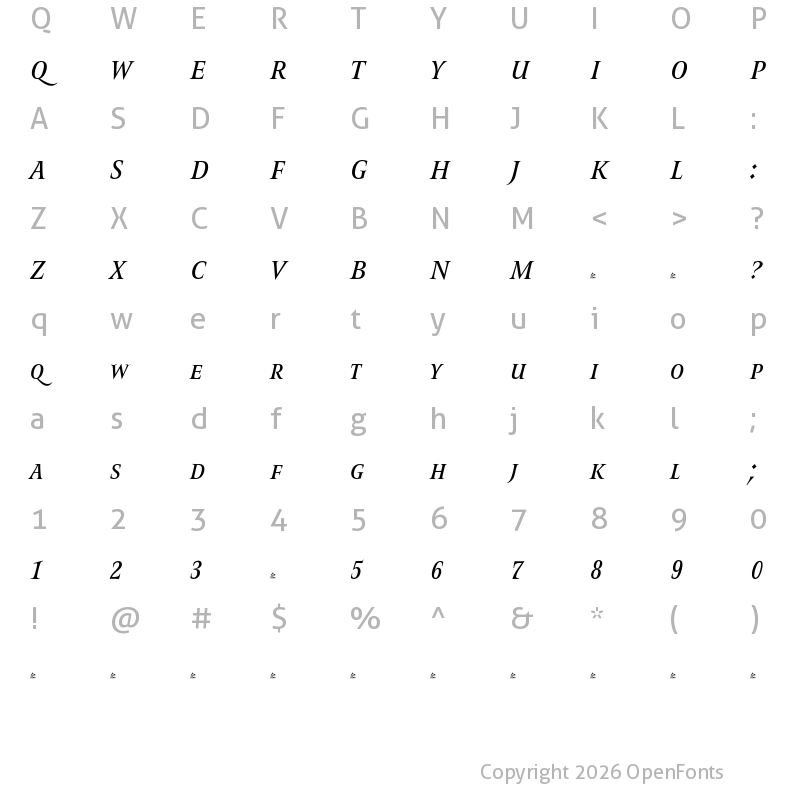 Character Map of FONTSPRING DEMO - Romis Bold Italic