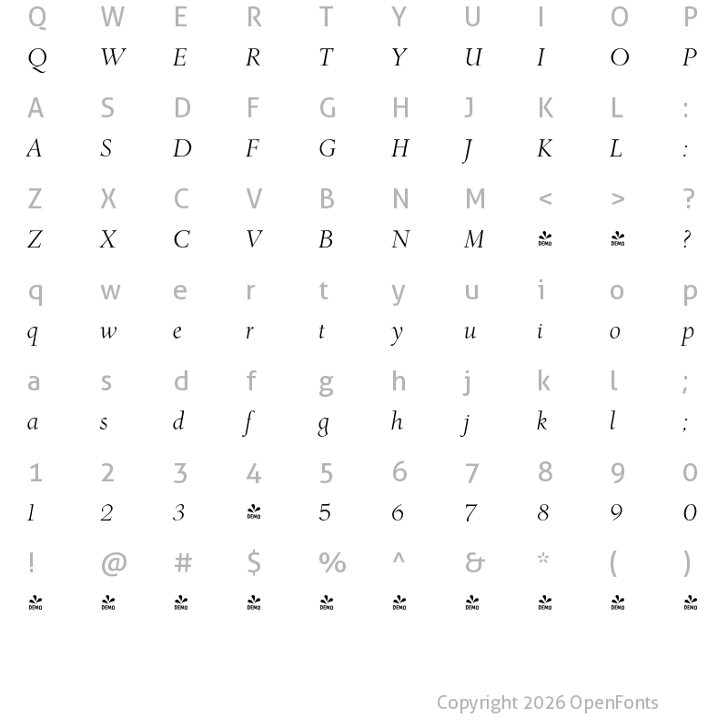 Character Map of FONTSPRING DEMO - Roos Display Italic