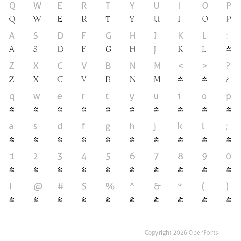 Character Map of FONTSPRING DEMO - Roos Initials Regular