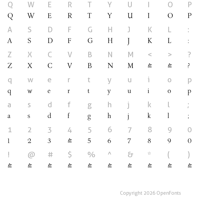 Character Map of FONTSPRING DEMO - Roos Roman Regular