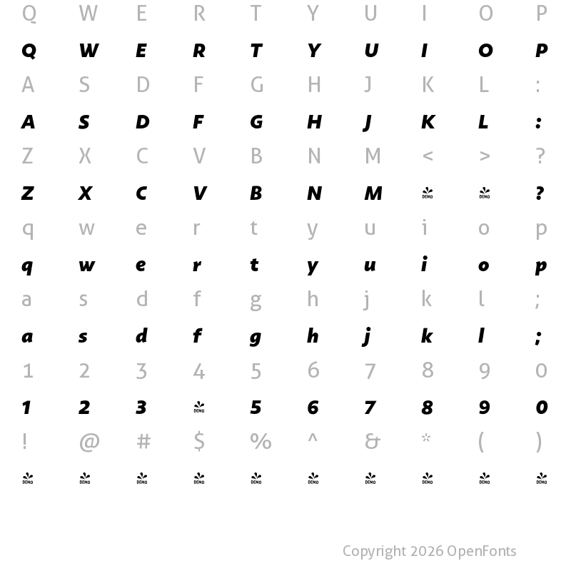 Character Map of FONTSPRING DEMO - Rosales ExtraBold It Regular