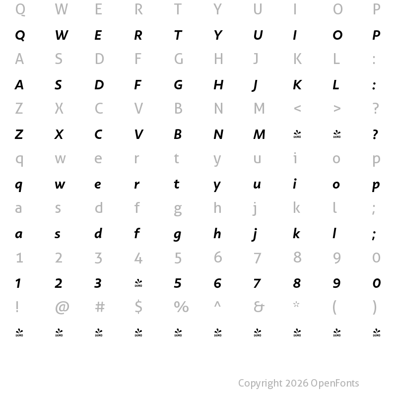 Character Map of FONTSPRING DEMO - Rosales Medium It Regular