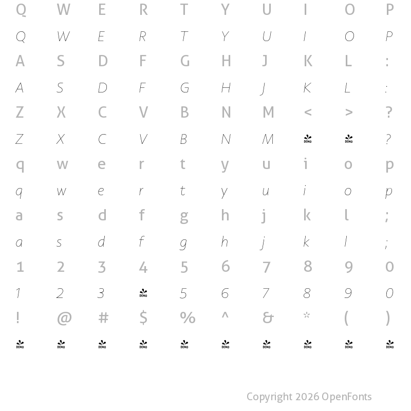 Character Map of FONTSPRING DEMO - Rosales Thin It Regular