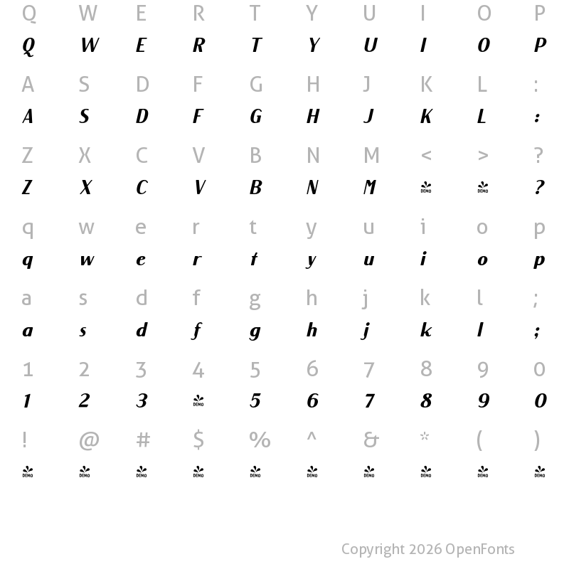 Character Map of FONTSPRING DEMO - Rosengarten Sans Italic
