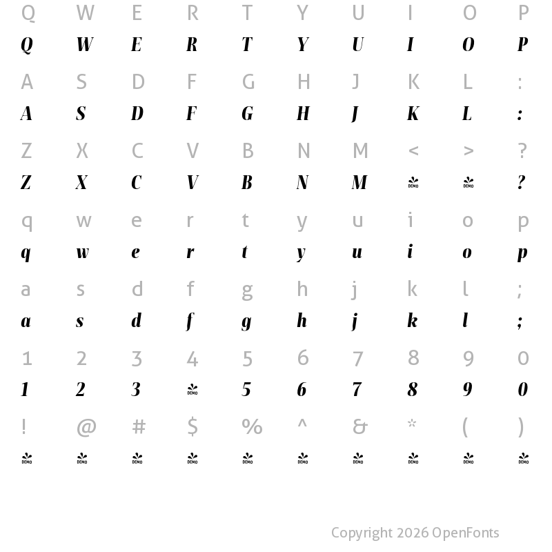 Character Map of FONTSPRING DEMO - Rotwang Pro ExtraBold Italic Regular