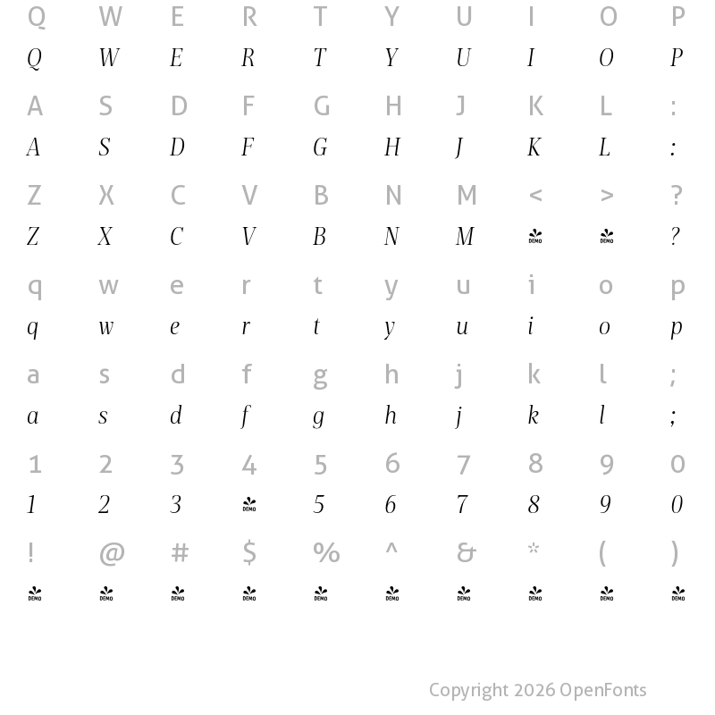 Character Map of FONTSPRING DEMO - Rotwang Pro Italic