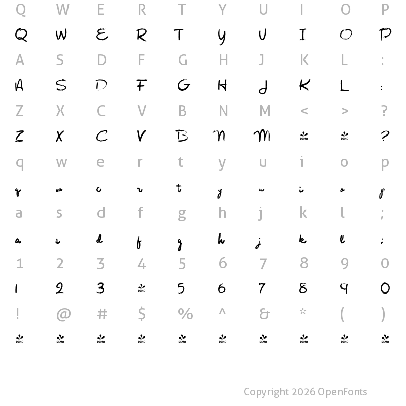 Character Map of FONTSPRING DEMO - Rough Brush Script Regular