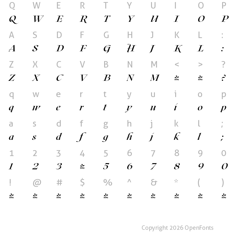 Character Map of FONTSPRING DEMO - Roxborough CF Bold Italic