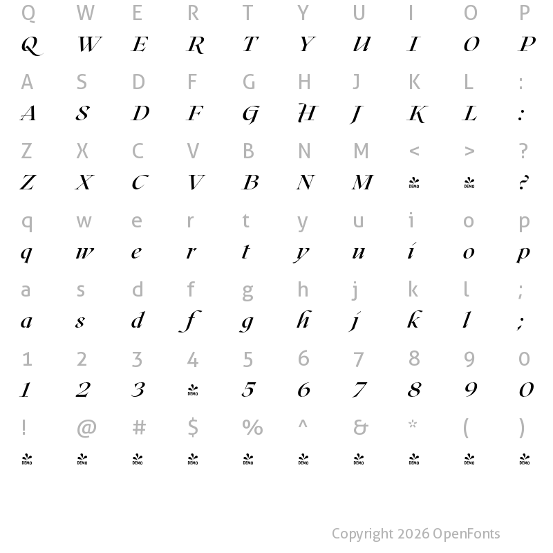 Character Map of FONTSPRING DEMO - Roxborough CF Demi Bold Italic