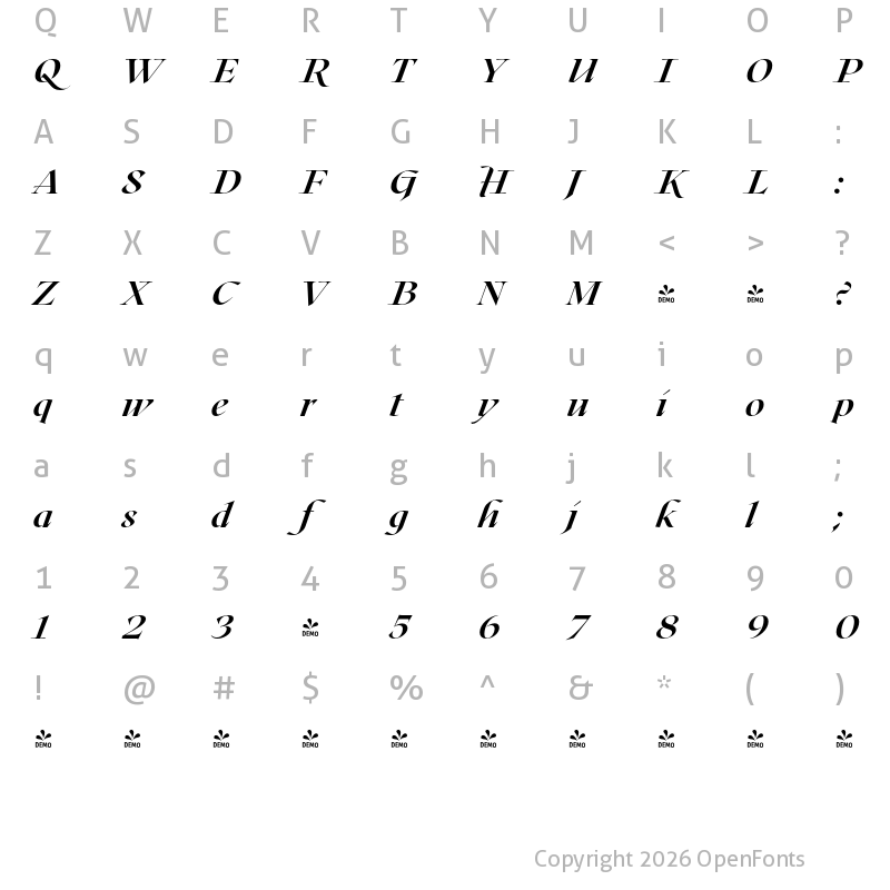 Character Map of FONTSPRING DEMO - Roxborough CF Extra Bold Italic
